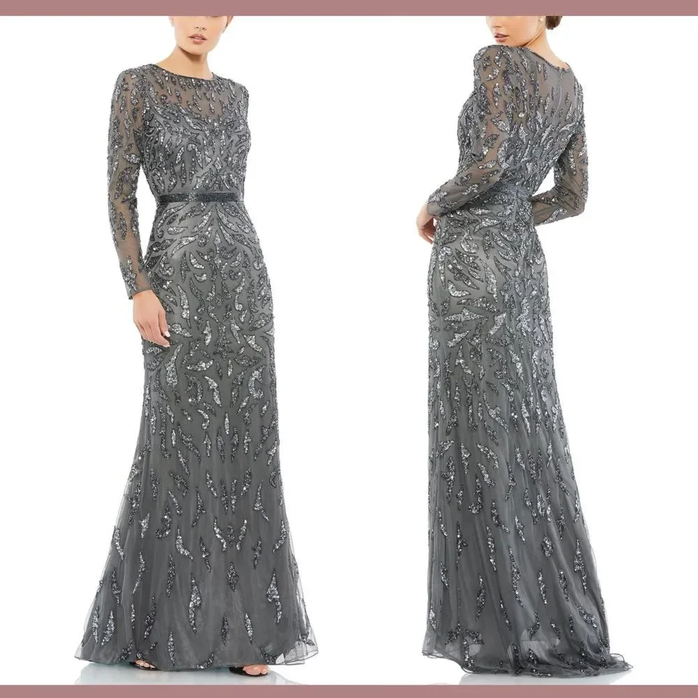 NWT $598 Mac Duggal [ 14 ] Beaded Long Sleeve‎ Evening Gown in Charcoal #S1107 - Picture 2 of 13
